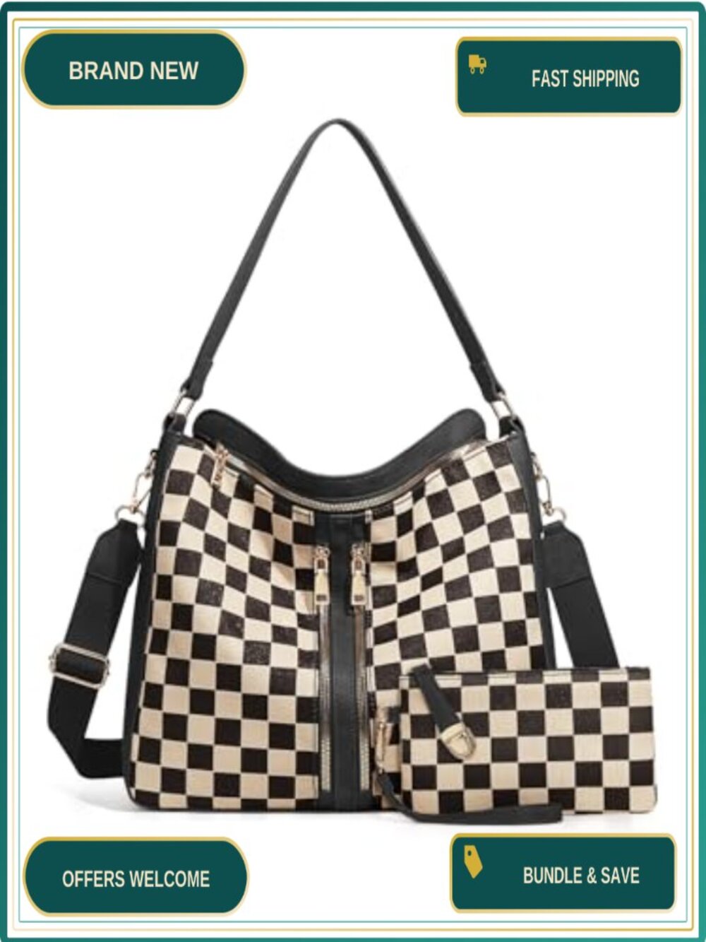 PU Leather Canvas Checkered Hobo Bag Adjustable Strap Crossbody Tote Purse for